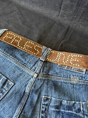 Vintage Freshjive Logo Studded Distressed Tan Leather Belt Size 36
